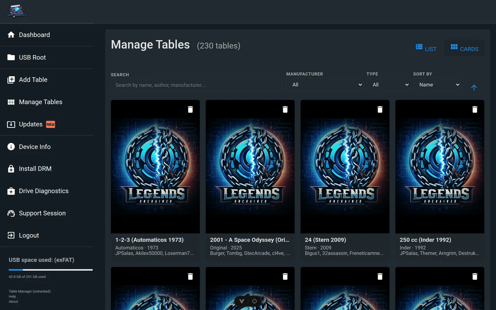 Manage Tables grid showing hundreds of installed tables