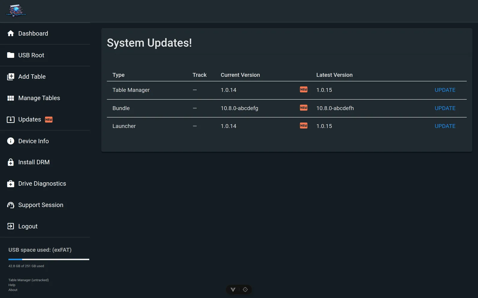 System Updates screen showing version comparisons