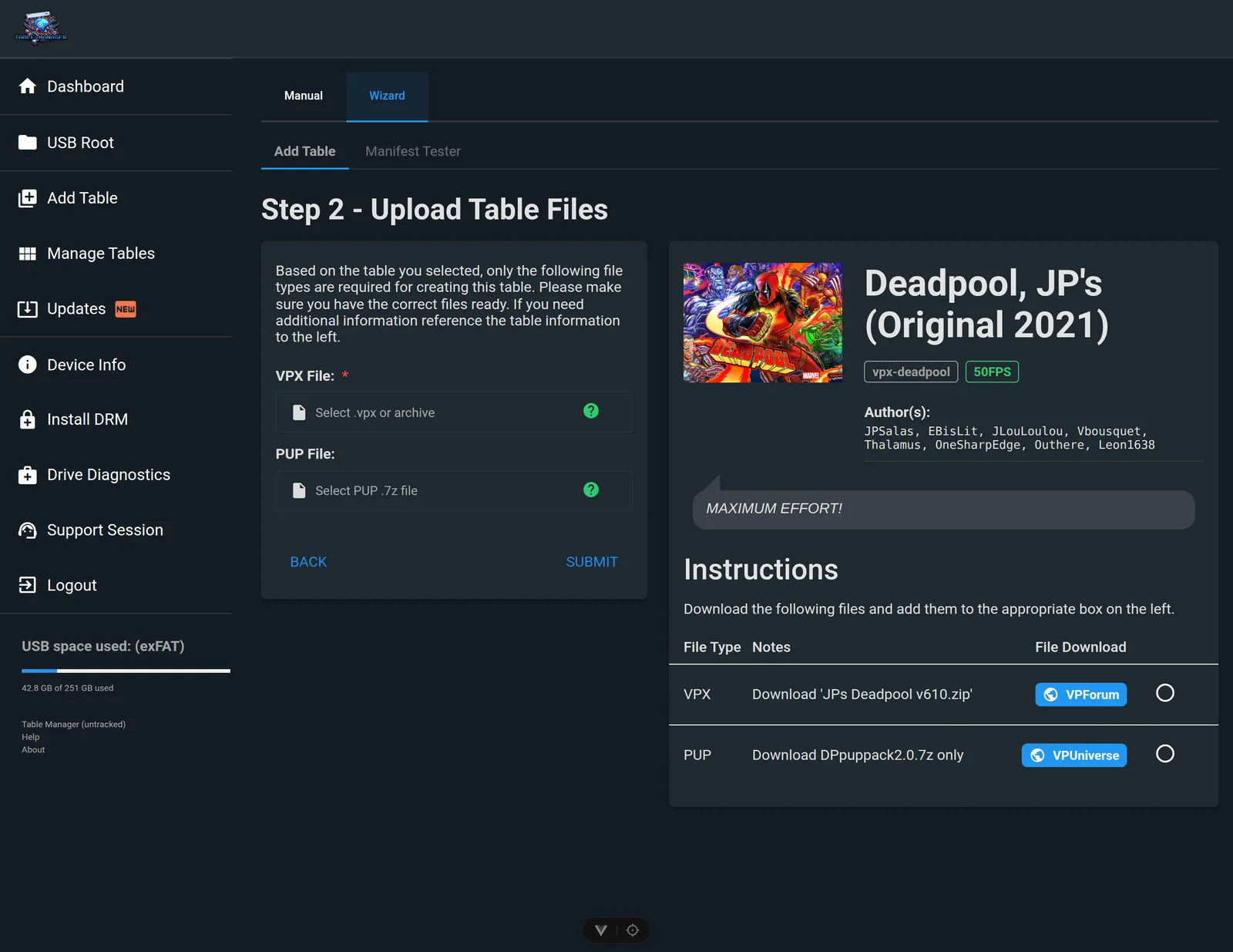Wizard Step 2 showing required files with download links to VPForum and VPUniverse and upload boxes