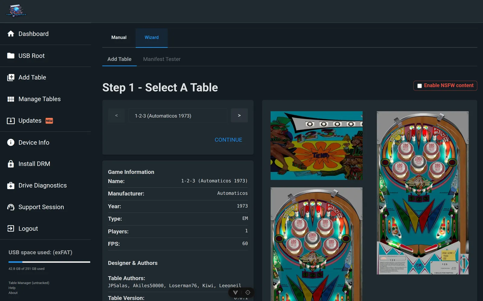 Table Manager Add Table wizard showing a table with playfield and backglass art